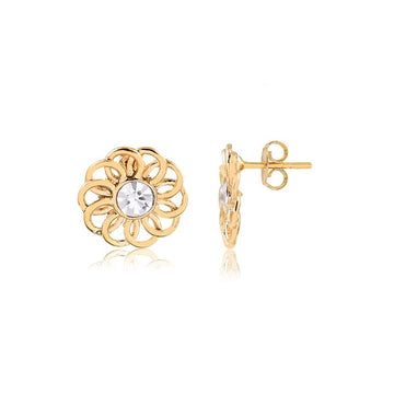 18K Gold Layered Oro Laminado Clear Rhinestone In Cut Out Flower Design Push Back Earrings 21.0572/1